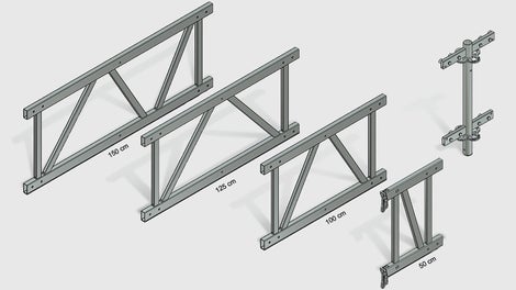 Das System umfasst 3 Zwischenelemente und ein Verbindungselement sowie ein 50 cm langes Endelement, das an den Rosetten angeschlossen wird. 