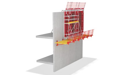 As a working platform in building construction, VGK enables a safe construction process. The light components are pre-assembled on the ground and suspended from the structure as a complete platform unit. The enclosed work platforms can be supplemented with reinforcement scaffolds, allowing the work to be carried out from a secured position.