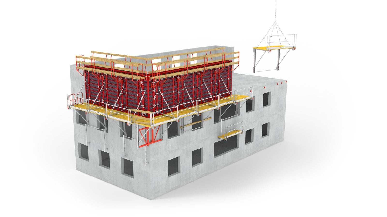 Die Faltbühne FB 180 wird komplett montiert auf die Baustelle geliefert. Durch den großen, gleichbleibenden Konsolenabstand und die geringe Anzahl von Bauteilen und Bühnentypen sind Lohn- und Material kosten besonders niedrig.<br/>