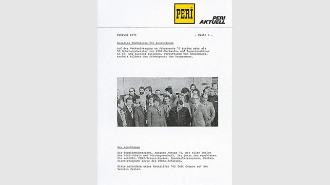 <p>1976 februárjában megjelenik az első "PERI Aktuell" ügyfélmagazin.</p><br/>