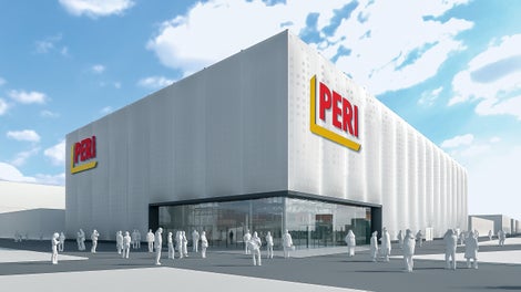 Le hall d’exposition PERI à la bauma 2019 : <br/>il occupe une place centrale autour de l’immense arène où les nouveaux produits ont été présentés en situation de chantier.<br/>