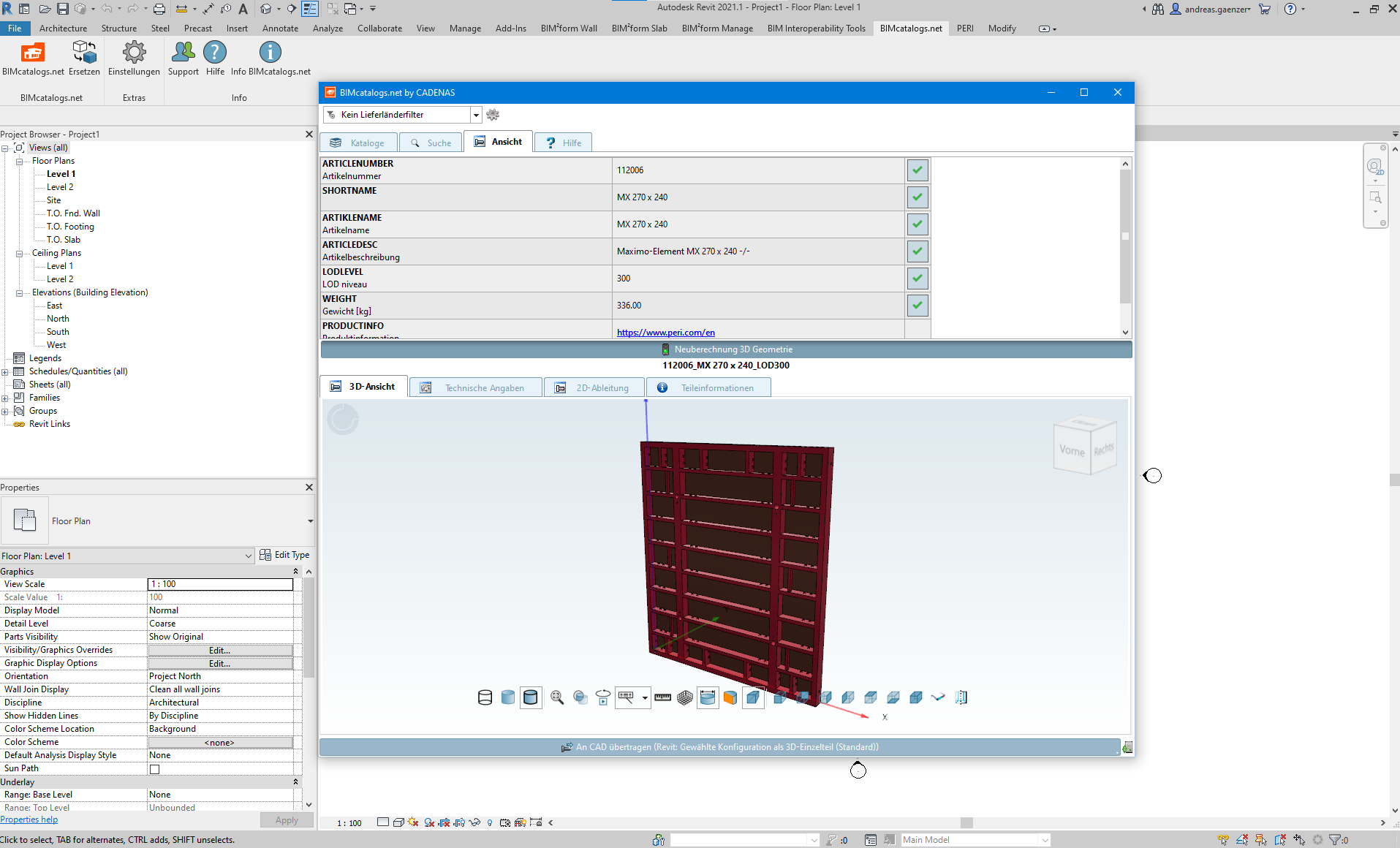 The intelligent plugin for formwork planning enables the integration of a large number of PERI system parts in various CAD programs.
