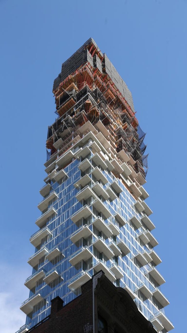 The countless cantilevered balconies and jagged edges are what gives the tower its unique appearance and the nick-name "Jenga Tower"